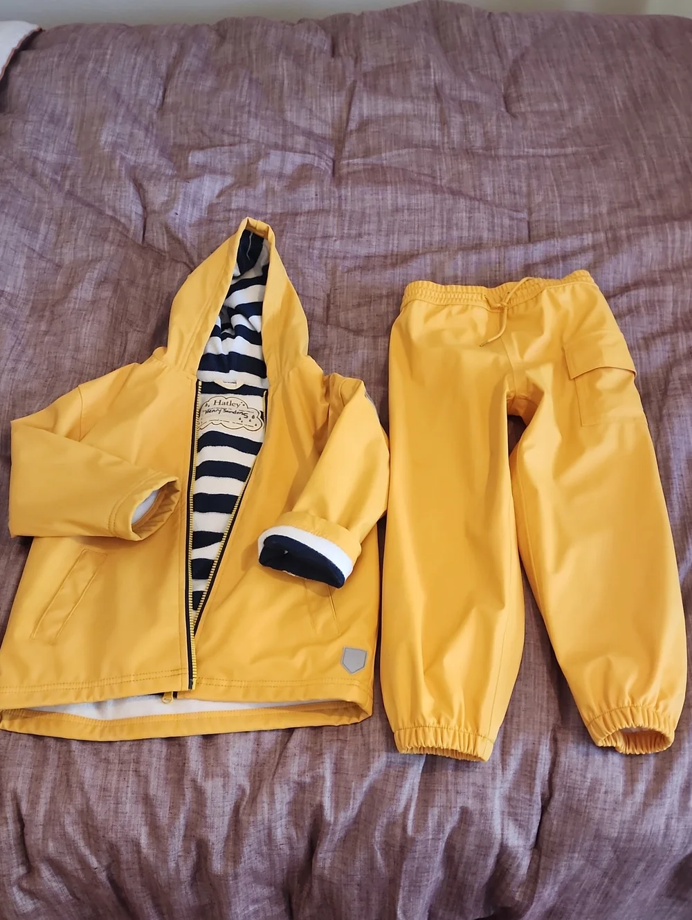 Hatley Yellow Jacket And Pants with Navy & White Striped Lining